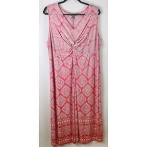 Catherines Pink Coral White Print Sleeveless Stretchy Knot Waist Maxi Dress 4X